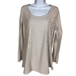 RXB Top Women Size L Light Tan Scoop Neck Long Sleeves Lace on Sides and Back